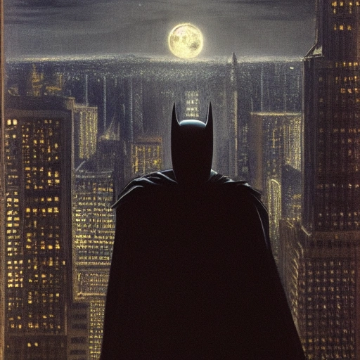 14150-601425847-batman looking down on Gotham on the roof of a skyscraper,  realism, Thomas Eakins, dark, moody, night, moonlit.webp